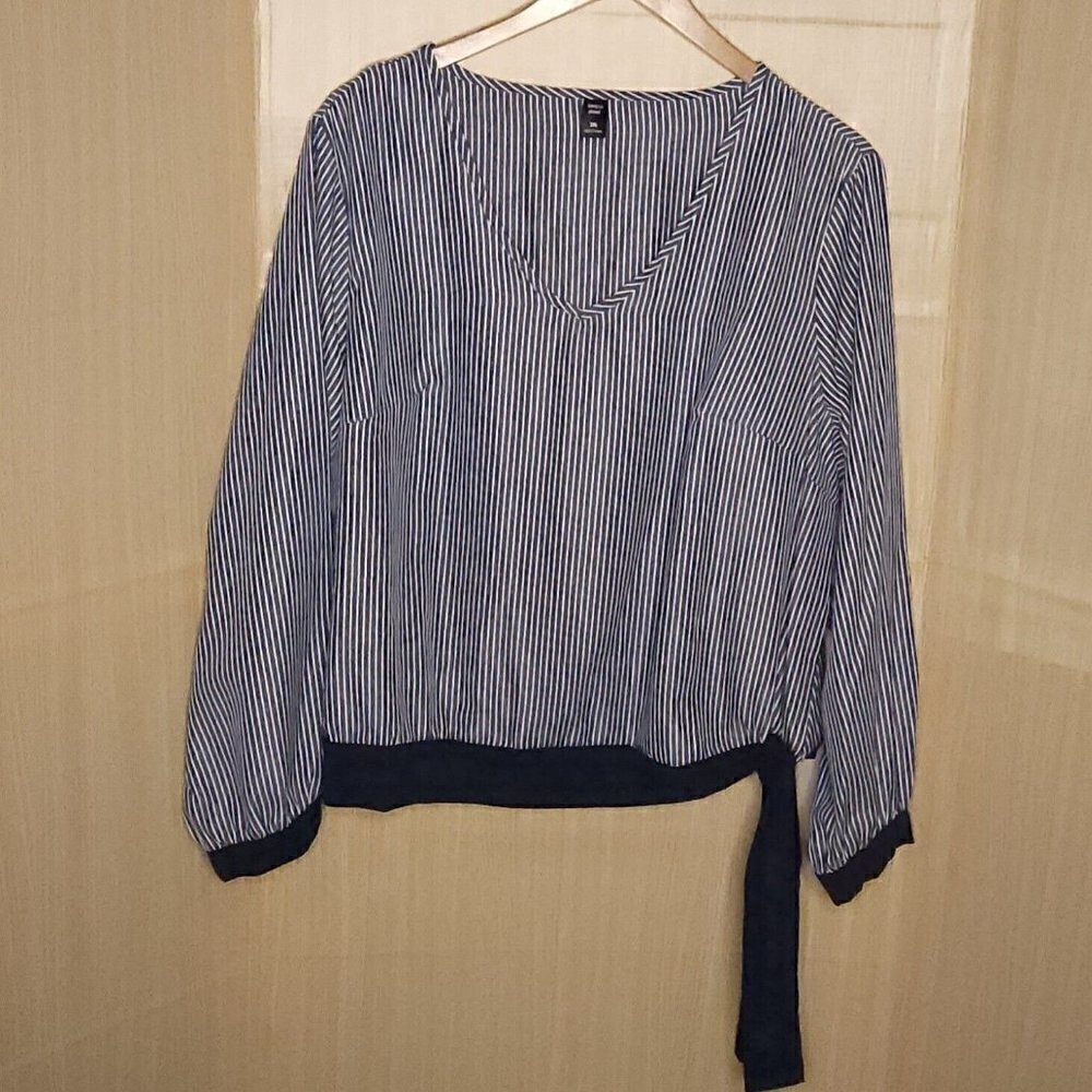 Shein Curve Womens Blue White Stripe Silky Blouse 3XL